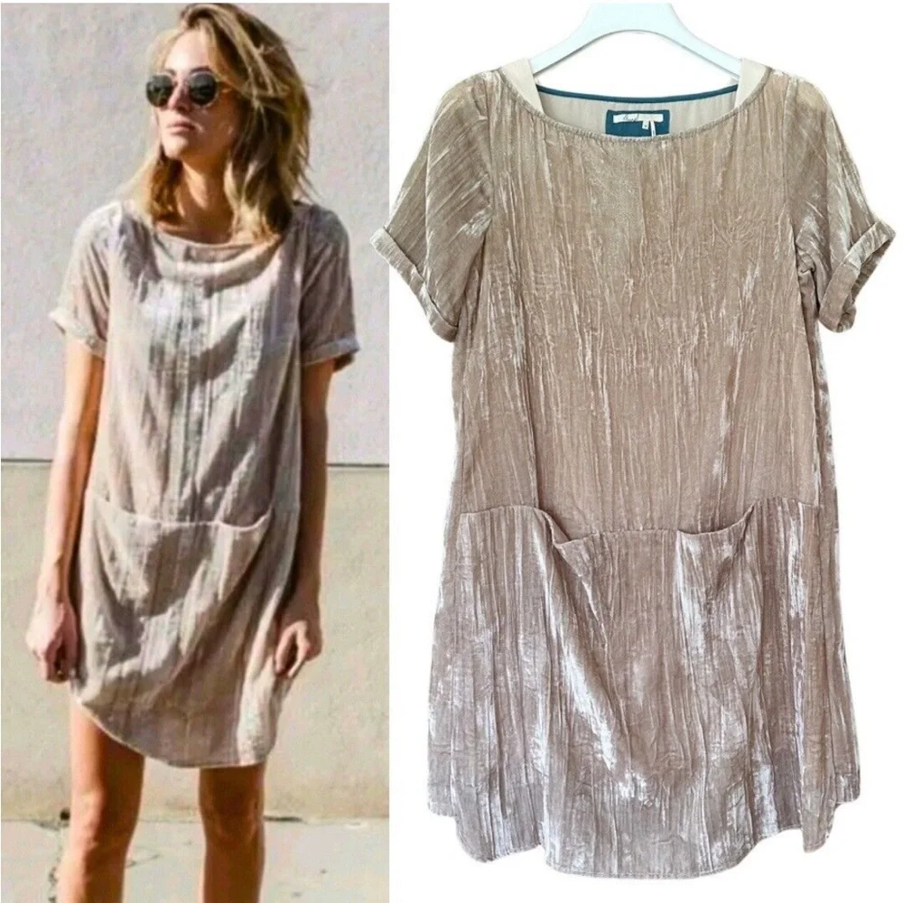H19 Anthropologie‎ Floreat Crinkle Crushed Velvet Dress Champagne Pockets